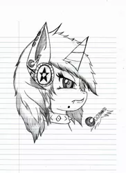 Size: 930x1280 | Tagged: safe, artist:crescentpony, derpibooru import, oc, oc:crescent moon, unofficial characters only, pony, unicorn, bust, choker, ear piercing, fangs, female, headphones, horn, lineart, lined paper, mare, piercing, signature, solo, spiked choker, traditional art, unicorn oc