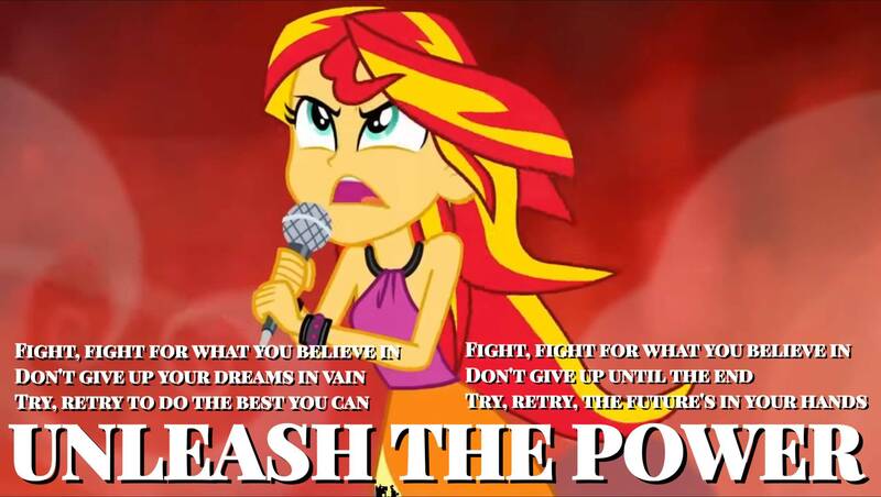 Size: 2550x1440 | Tagged: safe, derpibooru import, edit, edited screencap, screencap, sunset shimmer, equestria girls, rainbow rocks, barely eqg related, barely pony related, clothes, female, finley, legends of chima, lego, microphone, obligatory human, obligatory pony, opening, singing, song reference, text, unleash the power