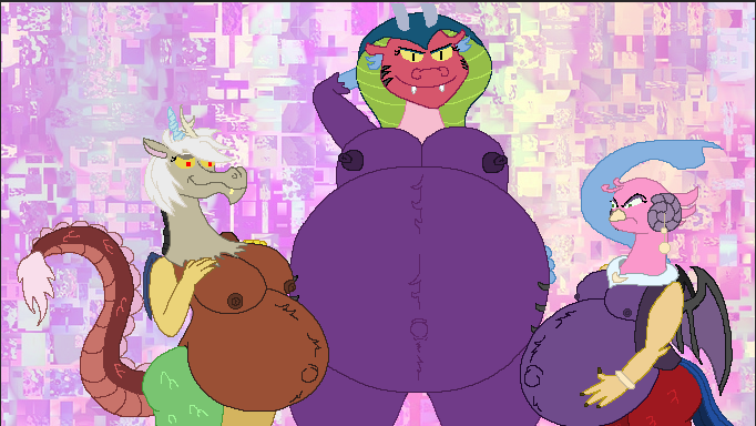 Size: 682x384 | Tagged: questionable, artist:jacalope, derpibooru import, cosmos (character), discord, princess eris, anthro, draconequus, abstract background, alternate design, angry, belly, belly grab, big belly, big breasts, breast grab, breasts, busty cosmos, busty eris, busty princess eris, eris, grope, huge belly, hyper, hyper belly, hyper pregnancy, image, impossibly large belly, jealous, nipples, nudity, pixel art, png, pregcord, pregeris, pregnant, rule 63, trio