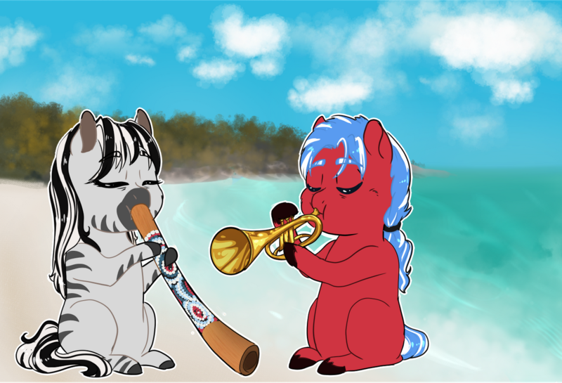 Size: 1280x872 | Tagged: safe, artist:miyathegoldenflower, derpibooru import, oc, oc:bobby baseline, oc:rain rhythm, unofficial characters only, earth pony, hybrid, zony, fanfic:ponyville noire, beach, chibi, didgeridoo, female, husband and wife, male, music, musical instrument, oc x oc, shipping, trumpet