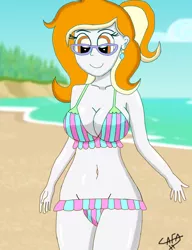 Size: 698x909 | Tagged: suggestive, artist:cafakero, derpibooru import, oc, oc:rita cloudy, equestria girls, beach, bikini, breasts, clothes, female, ocean, solo, swimsuit