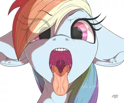 Size: 4000x3334 | Tagged: suggestive, artist:azerta56, derpibooru import, rainbow dash, pegasus, pony, epiglottis, esophagus, female, gullet, human teeth, imminent vore, looking at you, maw, mawshot, offscreen character, open mouth, oral invitation, pov, preddash, salivating, simple background, slimy, solo, solo female, taste buds, tongue out, uvula, white background