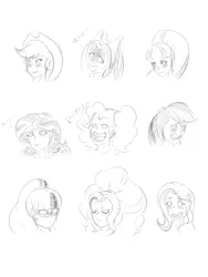 Size: 1500x2000 | Tagged: safe, artist:albertbm, derpibooru import, adagio dazzle, applejack, aria blaze, fluttershy, pinkie pie, rainbow dash, sci-twi, sonata dusk, sunset shimmer, twilight sparkle, equestria girls, blushing, bust, evil laugh, laughing, monochrome, simple background, sketch, the dazzlings, traditional art, white background