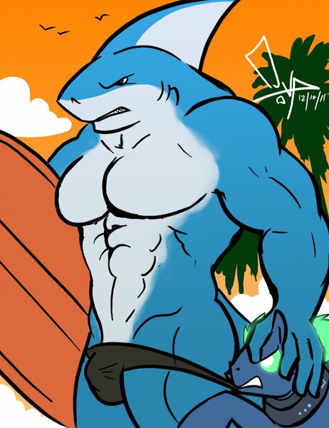 Size: 985x1280 | Tagged: questionable, artist:bgn, derpibooru import, oc, oc:podex, unofficial characters only, anthro, earth pony, pony, shark, abs, angry, bulges, clothes, cloud, collar, dawn, digital art, fins, male, muscles, pecs, pulling, solo, solo male, speedo, surfboard, swimsuit, tail, tree