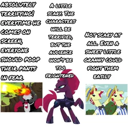 Size: 1920x1920 | Tagged: safe, derpibooru import, edit, edited screencap, screencap, fizzlepop berrytwist, flam, flim, lord tirek, tempest shadow, centaur, earth pony, unicorn, the super speedy cider squeezy 6000, twilight's kingdom, angry, antagonist, bow, clothes, comparison, fire, flim flam brothers, hat, meme, text