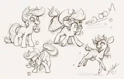 Size: 1440x919 | Tagged: safe, artist:assasinmonkey, derpibooru import, applejack, deer, earth pony, pony, angry, apple, appledeer, cowboy hat, cute, deerified, female, food, grayscale, hat, implied apple bloom, jackabetes, madorable, mare, monochrome, simple background, sketch, species swap, strawberry, that pony sure does hate strawberries, white background, yelling