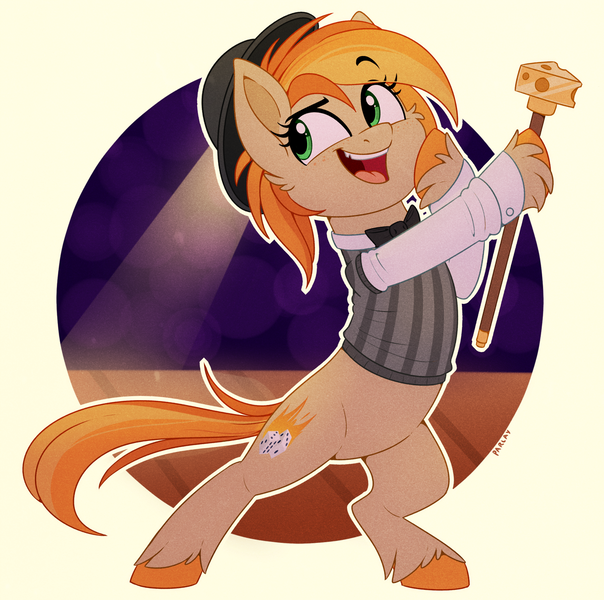 Size: 1714x1702 | Tagged: safe, artist:thegamblehorse, deleted from derpibooru, derpibooru import, oc, oc:parlay, unofficial characters only, earth pony, pony, bipedal, bowtie, cheese, chipped tooth, clothes, cute, dancing, female, food, freckles, mare, scepter, solo, unshorn fetlocks, vest