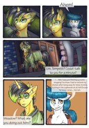 Size: 3336x4776 | Tagged: safe, artist:tillie-tmb, derpibooru import, oc, oc:meadow lark, oc:tempest, unofficial characters only, earth pony, pony, unicorn, comic:the amulet of shades, bag, clothes, female, mare, saddle bag, traditional art