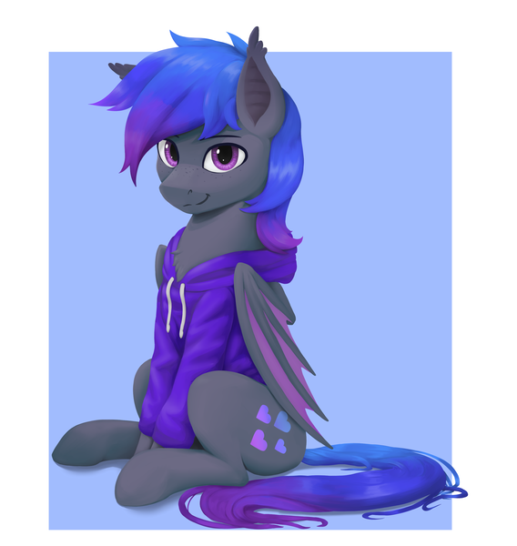 Size: 2796x2954 | Tagged: safe, artist:printik, derpibooru import, oc, oc:grey, unofficial characters only, bat pony, chest fluff, clothes, ear fluff, freckles, heart, hoodie, looking at you, male, sitting, smiling, solo, stallion, wings, wings down