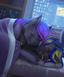 Size: 2500x3000 | Tagged: safe, artist:jessicanyuchi, derpibooru import, oc, oc:grey, oc:rapid shadow, unofficial characters only, bat pony, unicorn, bed, blanket, book, bookshelf, couple, covering, cozy, cuddling, discord (program), ear fluff, fangs, freckles, gay, love, male, monitor, oc x oc, on bed, shipping, sleeping, smiling, snuggling, stallion, teeth, under blanket, wing covering, wings