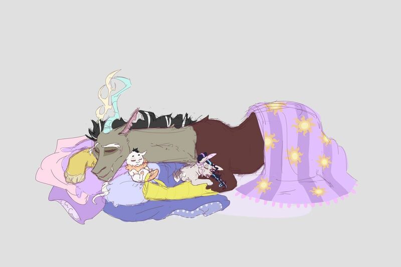 Size: 1280x854 | Tagged: artist:m00n-fruit, baby, blanket, dadcord, derpibooru import, discord, draconequus, father and child, father and daughter, father and son, female, gray background, hybrid, interspecies offspring, male, nap, oc, oc:apollo eris casseopia, oc:aurora, offspring, parent:discord, parent:princess celestia, parents:dislestia, pillow, safe, simple background, sleeping