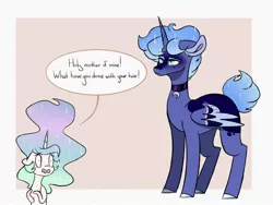 Size: 1600x1200 | Tagged: safe, artist:arirain, derpibooru import, princess celestia, princess luna, alicorn, pony, alternate hairstyle, choker, duo, female, mare, royal sisters, s1 luna, shocked, short hair, short tail, siblings, sisters, speech bubble