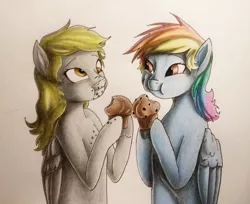 Size: 1920x1565 | Tagged: safe, artist:stevethebrony, derpibooru import, derpy hooves, rainbow dash, pony, eating, food, muffin, traditional art