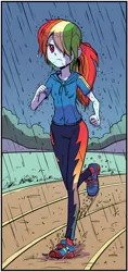 Size: 608x1290 | Tagged: safe, artist:pencils, derpibooru import, idw, rainbow dash, equestria girls, spoiler:comic, spoiler:comicequestriagirlsmarchradness, clothes, cropped, female, hoodie, mud, race track, rain, running, shoes, sneakers, solo, wet, wet hair