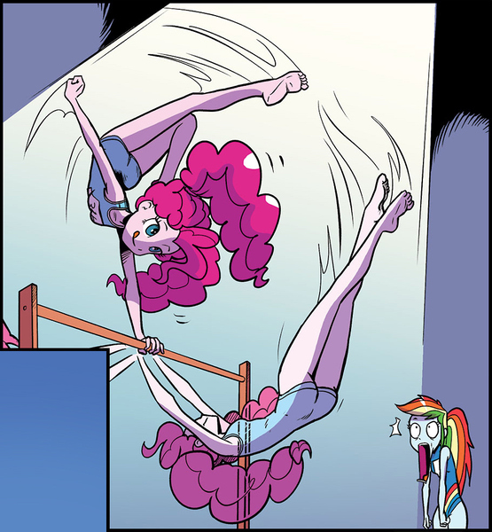 Size: 911x985 | Tagged: safe, artist:pencils, derpibooru import, idw, pinkie pie, rainbow dash, equestria girls, spoiler:comic, spoiler:comicequestriagirlsmarchradness, ass, barefoot, butt, clothes, feet, female, gymnastics, jaw drop, leotard, pinkie being pinkie, rainbow dash is best facemaker, sleeveless, tongue out