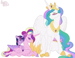 Size: 1280x985 | Tagged: safe, artist:luna dave, derpibooru import, princess cadance, princess celestia, twilight sparkle, alicorn, unicorn, aunt and niece, bow, colored wings, colored wingtips, crown, cute, cutedance, eyes closed, female, filly, filly twilight sparkle, jewelry, lying down, magic, makeup, mare, momlestia, necklace, no pupils, ponytail, prone, realistic anatomy, realistic horse legs, realistic wings, regalia, simple background, sitting, tail bow, teen princess cadance, transparent background, twiabetes, unicorn twilight, unshorn fetlocks, wing fluff, wings, younger
