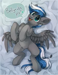 Size: 1864x2400 | Tagged: safe, artist:trickate, derpibooru import, oc, oc:cloud zapper, unofficial characters only, pegasus, pony, bed, bedsheets, bellyrub request, chest fluff, dialogue, feather, featureless crotch, laying on bed, looking at you, male, on bed, pubic fluff, rcf community, smiling, solo, speech bubble, spread wings, stallion, wings