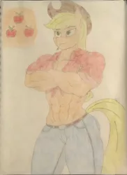 Size: 2910x4003 | Tagged: safe, artist:astrum, derpibooru import, applejack, anthro, earth pony, abs, amazon, applebucking thighs, applejacked, arms folded, belly button, belt, biceps, breasts, buff, busty applejack, clothes, cowboy hat, female, front knot midriff, hat, jeans, lidded eyes, mare, midriff, muscles, muscular female, pants, rolled up sleeves, shirt, simple background, smiling, smirk, solo, stetson, straw, straw in mouth, thighs, thunder thighs, traditional art