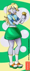 Size: 502x1200 | Tagged: safe, artist:srasomeone, derpibooru import, derpy hooves, equestria girls, clothes, cutie mark background, food, holding, muffin, necktie, open mouth, patreon, sandals, shirt, skirt, smiling, socks, socks with sandals, solo