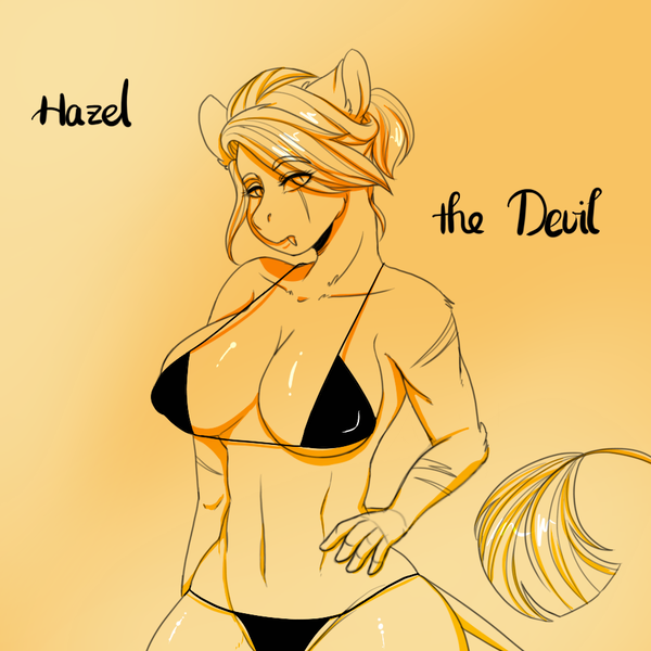 Size: 950x950 | Tagged: anthro, artist:hazelthedevil, bikini, breasts, clothes, derpibooru import, hybrid, oc, oc:hazel aztecas, practice drawing, solo, suggestive, swimsuit