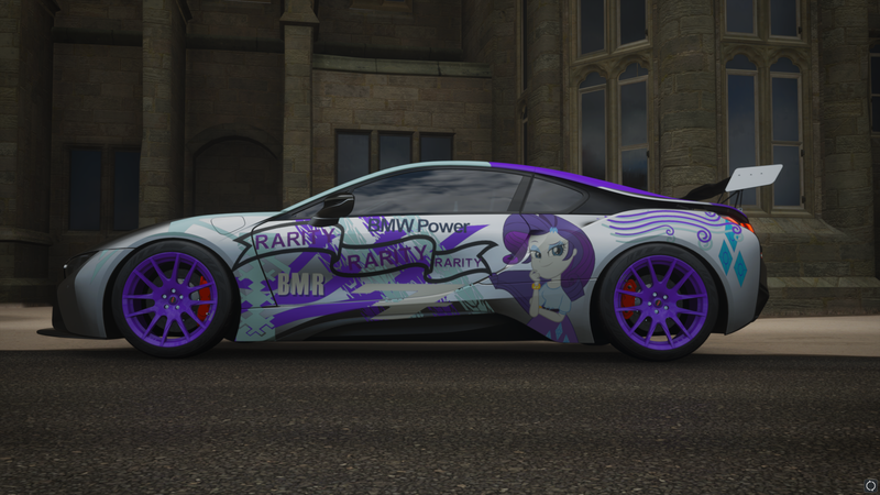 Size: 1920x1080 | Tagged: safe, derpibooru import, rarity, equestria girls, bmw, bmw i8, car, cutie mark, forza horizon 4, game screencap, itasha