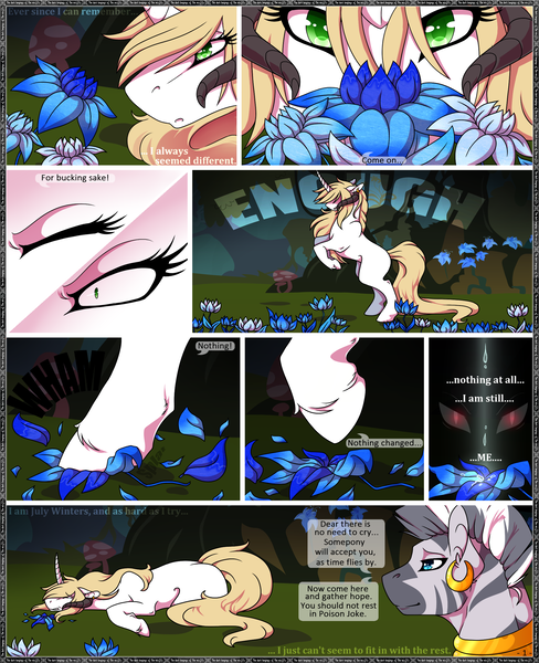 Size: 1917x2355 | Tagged: artist:theblackcatstale, comic, demon, demon pony, derpibooru import, dialogue, ear piercing, earring, eyes closed, female, flower, horn, jewelry, multiple horns, neck rings, oc, oc:july winters, original species, piercing, poison joke, prone, safe, solo, wide eyes, zebra, zecora