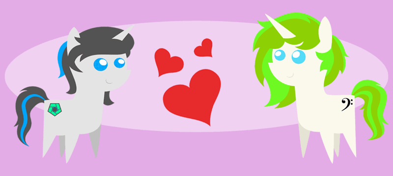 Size: 1000x449 | Tagged: safe, artist:kukotte, derpibooru import, oc, oc:c1t0-b0r, oc:vinyl mix, pony, robot, robot pony, unicorn, animated, bouncing, citomix, commission, couple, female, heart, lesbian, looking at each other, love, oc x oc, pointy ponies, shipping, simple background