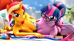 Size: 3840x2160 | Tagged: suggestive, artist:whiteskyline, derpibooru import, lyra heartstrings, sci-twi, sunset shimmer, twilight sparkle, twilight sparkle (alicorn), alicorn, anthro, unicorn, 3d, anklet, armpits, barefoot, beach, bedroom eyes, book, boots, breasts, busty sci-twi, busty sunset shimmer, busty twilight sparkle, clothes, duo focus, feet, looking at you, palm tree, shoes, sneakers, source filmmaker, sunscreen, surfboard, swimsuit, toe ring, tree