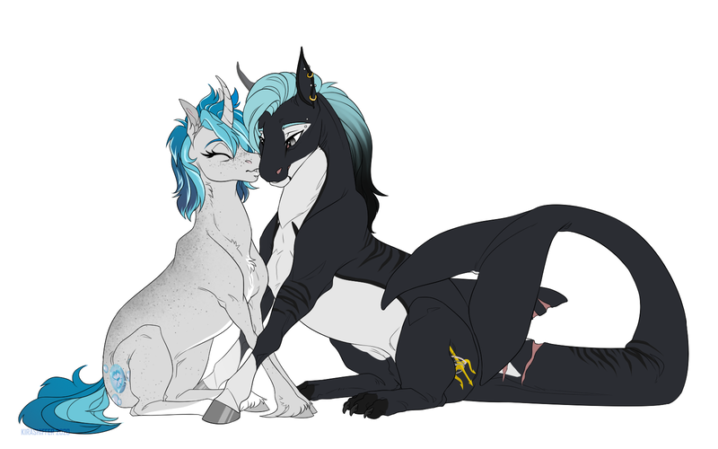 Size: 1600x1000 | Tagged: safe, artist:dementra369, derpibooru import, oc, oc:bubble lee, oc:mako, unofficial characters only, hybrid, orca, orca pony, original species, sea pony, unicorn, couple, digital art, ear piercing, female, freckles, makolee, male, mare, oc x oc, piercing, scar, shipping, simple background, smiling, stallion, straight