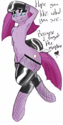 Size: 604x1200 | Tagged: suggestive, artist:angryburger, artist:shadymane, derpibooru import, pinkie pie, earth pony, pony, armpits, clothes, eyeshadow, fishnets, gloves, imminent pain, knife, latex, latex gloves, latex socks, latex stockings, leggings, makeup, pinkamena diane pie, socks, thigh strap