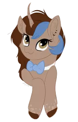 Size: 1231x1912 | Tagged: safe, artist:nyota71, derpibooru import, oc, oc:shadow feather, pony, unicorn, body markings, bowtie, bust, colored hooves, ear fluff, ear piercing, earring, female, freckles, jewelry, looking at you, mare, piercing, simple background, smiling, smiling at you, solo, spots, transparent background
