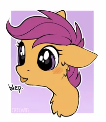 Size: 1210x1396 | Tagged: safe, artist:trickate, derpibooru import, scootaloo, pegasus, pony, :p, abstract background, blushing, bust, cheek fluff, chest fluff, cute, cutealoo, ear fluff, female, filly, floppy ears, huge eyes, portrait, rcf community, solo, tongue out