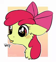 Size: 1313x1452 | Tagged: safe, artist:trickate, derpibooru import, apple bloom, pony, :p, abstract background, adorabloom, big eyes, blushing, bow, bust, cheek fluff, chest fluff, cute, ear fluff, female, filly, floppy ears, portrait, rcf community, solo, tongue out