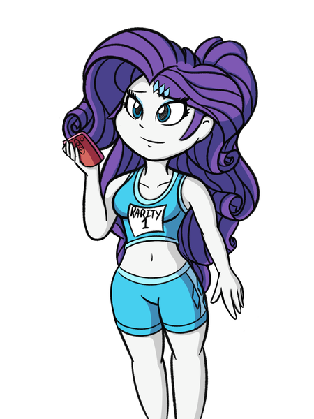 Size: 1200x1600 | Tagged: safe, artist:an_anon_artist, derpibooru import, idw, rarity, equestria girls, spoiler:comic, spoiler:comicequestriagirlsmarchradness, belly button, clothes, midriff, mobile phone, phone, shorts, smartphone, solo, sports bra, sports shorts, underwear