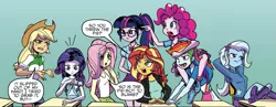 Size: 1273x493 | Tagged: safe, artist:pencils, derpibooru import, idw, applejack, fluttershy, pinkie pie, rainbow dash, rarity, sci-twi, sunset shimmer, trixie, twilight sparkle, equestria girls, spoiler:comic, spoiler:comicequestriagirlsmarchradness, angry, argument, boots, clothes, cute, desk, detention, feet on table, group shot, humane five, humane seven, humane six, legs, madorable, mobile phone, phone, pinkie being pinkie, pointing, shoes, smartphone, teary eyes, trixie is not amused, unamused