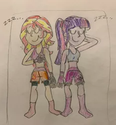 Size: 400x429 | Tagged: safe, artist:13mcjunkinm, derpibooru import, sci-twi, sunset shimmer, twilight sparkle, equestria girls, adorkable, boxing bra, boxing shorts, boxing trunks, bra, clothes, crop top bra, cute, cycling shorts, dork, exeron fighters, exeron gloves, exeron outfit, fingerless gloves, gloves, martial arts kids, martial arts kids outfits, midriff, missing accessory, mma gloves, onomatopoeia, shimmerbetes, shorts, sleeping, smiling, socks, sound effects, sports bra, sports shorts, sweet dreams fuel, traditional art, twiabetes, underwear, zzz