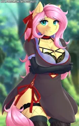Size: 998x1600 | Tagged: suggestive, alternate version, artist:twistedscarlett60, derpibooru import, fluttershy, anthro, bat pony, pegasus, big breasts, breasts, busty fluttershy, choker, chokershy, chubby, chubbyshy, cleavage, clothes, digital art, dress, explicit source, female, flutterbat, gloves, long gloves, looking at you, mare, plump, race swap, smiling, socks, solo, solo female, stockings, thigh highs, wingless, wingless anthro
