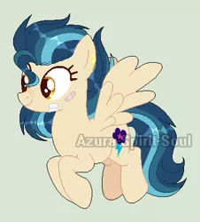 Size: 377x417 | Tagged: safe, artist:azura-spirit-soul, artist:selenaede, derpibooru import, indigo zap, ponified, pegasus, pony, alternate hairstyle, alternate universe, bandaid, base used, ear piercing, earring, equestria girls ponified, female, flying, gray background, jewelry, mare, piercing, redesign, scar, simple background, solo, watermark