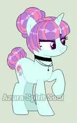 Size: 274x435 | Tagged: safe, artist:azura-spirit-soul, artist:selenaede, derpibooru import, sunny flare, ponified, pony, unicorn, alternate hairstyle, alternate universe, base used, bedroom eyes, choker, cross, equestria girls ponified, eyeshadow, female, gray background, jewelry, makeup, mare, necklace, raised eyebrow, raised hoof, redesign, simple background, solo, watermark