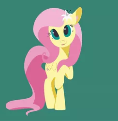 Size: 1920x1964 | Tagged: safe, artist:bluesound, artist:lollipony, derpibooru import, fluttershy, pegasus, pony, colored, cute, ear fluff, female, flat colors, flower, flower in hair, folded wings, green background, looking at you, mare, open mouth, raised hoof, shyabetes, simple background, smiling, solo, standing, wings