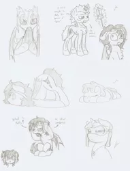 Size: 1207x1577 | Tagged: safe, artist:ravenpuff, deleted from derpibooru, derpibooru import, oc, oc:flower basket, oc:prof. sanguinem, oc:puffy, oc:sunshine unit, unofficial characters only, bat pony, pony, unicorn, bags under eyes, bat pony oc, bat wings, bread, chest fluff, face down ass up, female, food, freckles, glowing horn, goggles, grayscale, horn, idiot sandwich, magic, male, mare, monochrome, nervous, sitting, sleeping, slit eyes, stallion, telekinesis, tired, traditional art, unicorn oc, wings, worried