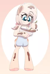 Size: 2900x4300 | Tagged: apron, artist:aarondrawsarts, baking, bipedal, bow, clothes, cloven hooves, deer, deer oc, deer pony, derpibooru import, freckles, hair bow, messy, oc, oc:daisy cakes, original species, safe, solo, stirring, unofficial characters only