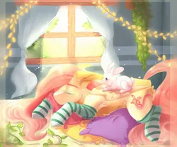 Size: 1024x849 | Tagged: safe, artist:floofyhoof, derpibooru import, angel bunny, fluttershy, pegasus, pony, rabbit, alternate cutie mark, alternate design, animal, bed, cheek fluff, chest fluff, clothes, cozy, crepuscular rays, duo, eyes closed, female, floppy ears, folded wings, indoors, leg fluff, mare, pillow, prone, sleeping, smiling, socks, striped socks, sunshine, window, wings