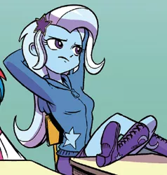 Size: 297x312 | Tagged: safe, artist:pencils, derpibooru import, idw, trixie, equestria girls, spoiler:comicequestriagirlsmarchradness, clothes, comic, cropped, detention, feet on table, shoes
