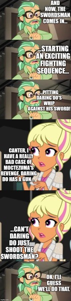 Size: 500x2120 | Tagged: safe, derpibooru import, edit, edited screencap, screencap, canter zoom, chestnut magnifico, daring do, equestria girls, caption, comic, harrison ford, image macro, indiana jones, raiders of the lost ark, screencap comic, steven spielberg, text