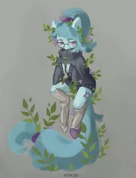 Size: 6100x8000 | Tagged: safe, artist:aoiyui, derpibooru import, oc, oc:whispy slippers, unofficial characters only, earth pony, pony, clothes, female, floating, glasses, leaves, mare, plant, ponytail, slippers, socks, solo, sweater