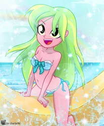 Size: 751x910 | Tagged: safe, artist:charliexe, derpibooru import, lemon zest, equestria girls, adorasexy, backbend, banana, banana boat, barefoot, beach, belly button, bikini, breasts, cleavage, clothes, cute, feet, floaty, food, happy, inflatable, inflatable toy, ocean, open mouth, pool toy, riding, sexy, stupid sexy lemon zest, swimsuit, zestabetes