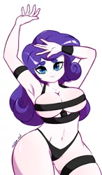 Size: 876x1500 | Tagged: suggestive, artist:hidden-cat, derpibooru import, rarity, equestria girls, armpits, belly button, black underwear, breasts, busty rarity, cleavage, clothes, digital art, female, lingerarity, looking at you, panties, sexy, simple background, smiling, solo, solo female, straps, stupid sexy rarity, thick, thong, underwear, white background, wide hips