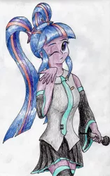 Size: 2168x3456 | Tagged: safe, artist:40kponyguy, derpibooru import, twilight sparkle, equestria girls, alternate hairstyle, clothes, cosplay, costume, hatsune miku, looking at you, microphone, necktie, one eye closed, pigtails, pleated skirt, simple background, skirt, solo, traditional art, twintails, vocaloid, zettai ryouiki