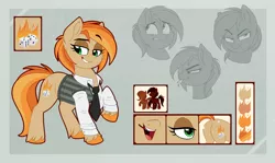 Size: 3200x1906 | Tagged: safe, artist:thegamblehorse, deleted from derpibooru, derpibooru import, oc, oc:parlay, unofficial characters only, earth pony, pony, :p, angry, butt, chipped tooth, clothes, cute, cutie mark, female, freckles, height scale, mare, necktie, nervous, plot, reference sheet, shirt, solo, tongue out, unshorn fetlocks, vest
